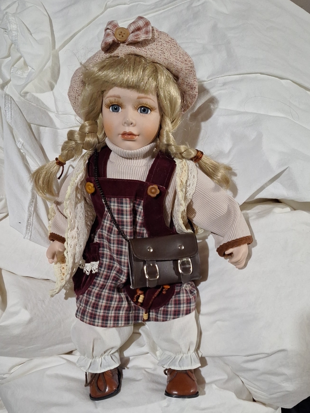 Porcelain-style Blonde Braided Doll in Pink and Burgundy Outfit